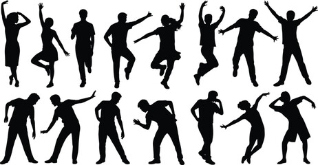 Collection of dancing people silhouettes isolated on white background, energetic men and women performing modern dance moves, party, celebration and active lifestyle concept