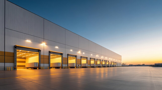 Large modern distribution center with multiple loading docks and trucks at sunset, showcasing industrial logistics and transportation efficiency