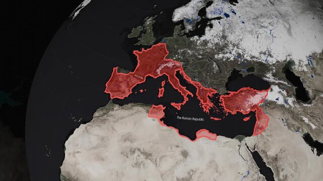 3D orbiting globe highlighting the chronological rise of Rome and the eventual split into the Western and Eastern Roman Empires in history