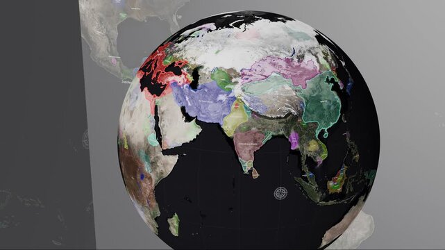 Digital map visualization tracking the historical borders of global empires like the Kushan, Parthian, and Zapotec on a rotating 3D globe