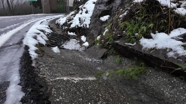 Melted ice water flowing into gutter