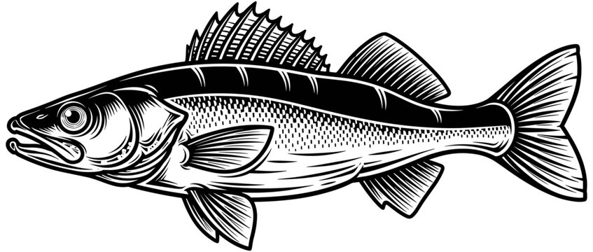 Vector, black, and, white, engraving, illustration, of, a, walleye, or, pike, fish, for, sport, fishing, hobby, nature, and, marine, life, design, elements, isolated (24 words)