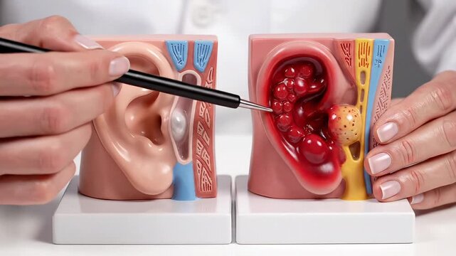 Medical demonstration of ear anatomy and infection with detailed model comparison.