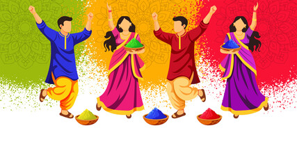 Holi celebration background with dancing group and color powder, perfect for festival marketing, greeting cards, posters, social media ads © Mubashshir
