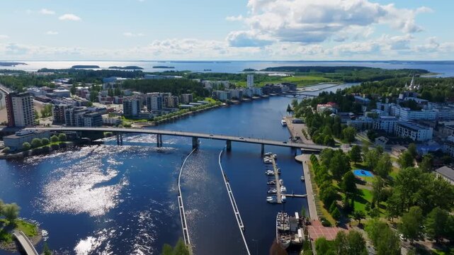 Drone following the Pielisjoki river, sunny, summer day in downtown Joensuu
