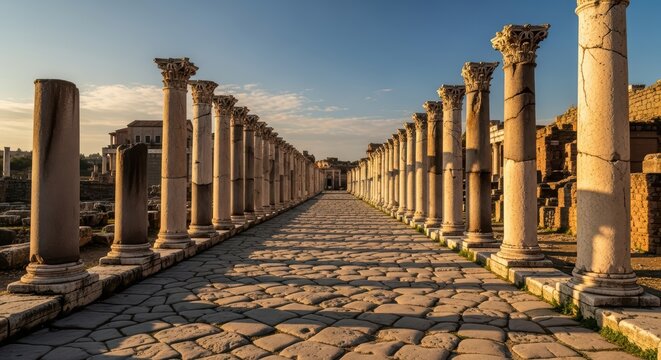 Ancient roman ruins: colonnade and cobbled street at sunset in perge archaeological site, turkey