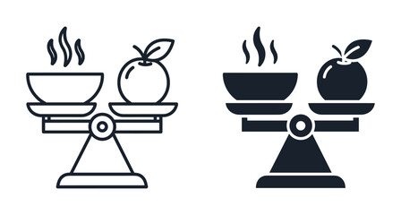 Nutrition balance scale symbol comparing hot meal bowl and fresh apple fruit