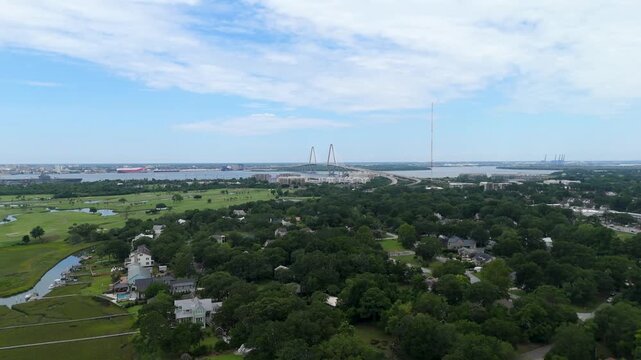 Drone shot pulling out from Charleston's Arthur Ravenel Jr Bridge.
