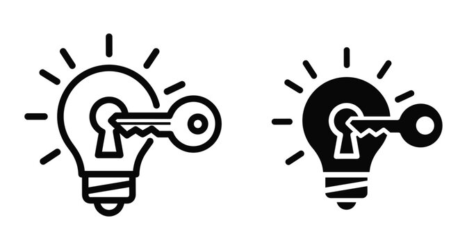 Set of outline and solid lightbulb icons with keyhole for unlocking creativity