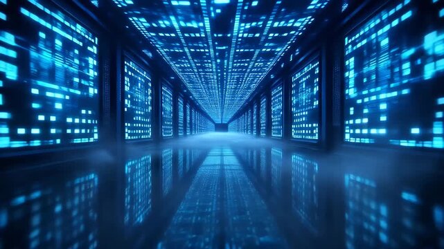 Futuristic server room with glowing blue lights and fog effect