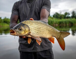 Person holds up freshly caught fish, highlighting details