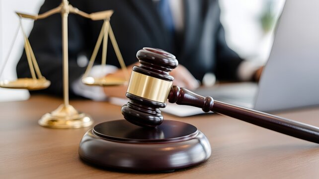 A wooden gavel rests on a sound block beside a gold scale of justice in a courtroom setting