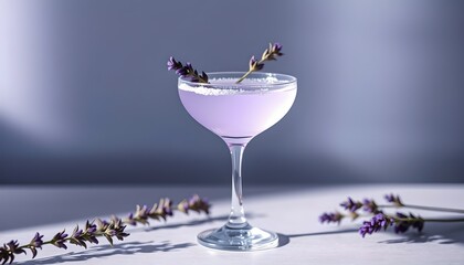 Obraz premium Elegant lavender purple cocktail in a coupe glass garnished with fresh floral sprigs.