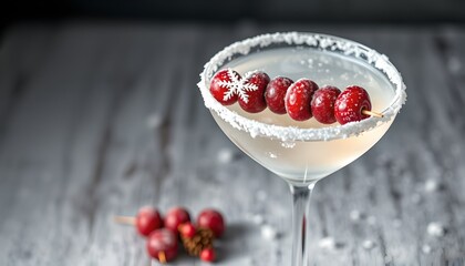 Elegant winter martini cocktail with a frosted sugar rim and a skewer of red cranberries.