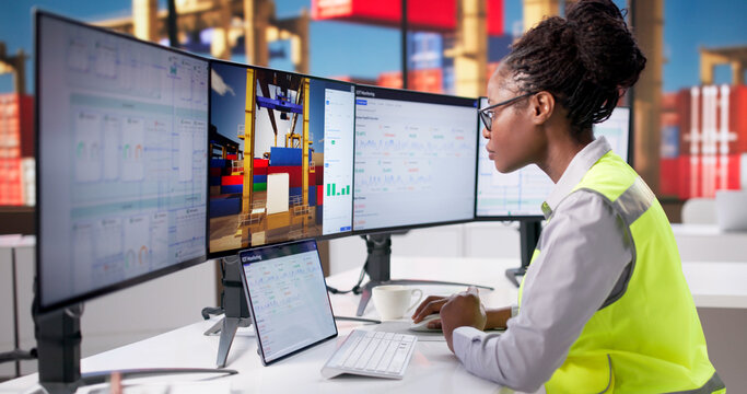 Female Engineer In Shipping Port Container Terminal Managing Logistics
