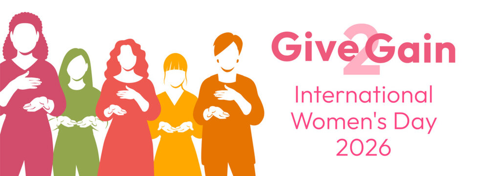 Give to Gain campaign pose. International Women's Day 2026. Diverse women demonstrate open palms giving gesture, with hand on their hearts to show generosity, collaboration and support for all women