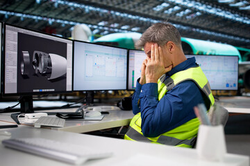 Obraz premium Troubled Engineer Struggling At Aircraft Factory, Stressed