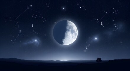 Stunning Night Sky with a Quarter Moon, Stars, and Distant Galaxies Over a Dark Horizon