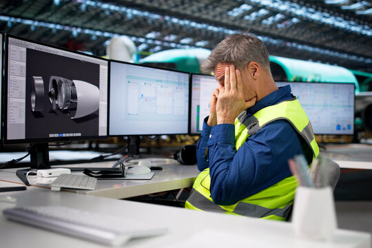 Troubled Engineer Struggling At Aircraft Factory, Stressed