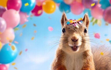 Squirrel Surrounded by Colorful Confetti and Balloons in a Festive Scene