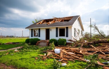 Fototapeta premium Tornado Damage to House Exterior with Scattered Debris After Natural Disaster