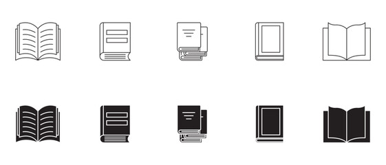 &ldquo;A collection of black fill and line book icons, showcasing various open and closed book designs, stacked books, and individual volumes.&rdquo;