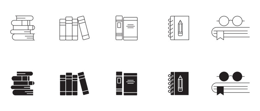 &ldquo;A collection of black fill and line book icons, showcasing various open and closed book designs, stacked books, and individual volumes.&rdquo;