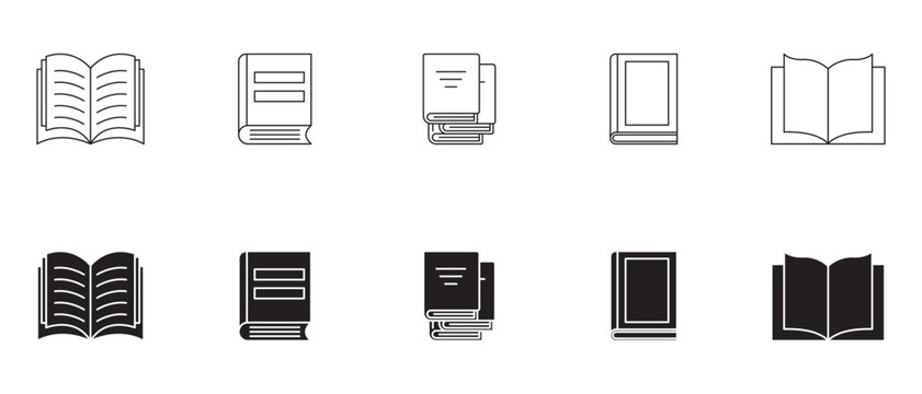 &ldquo;A collection of black fill and line book icons, showcasing various open and closed book designs, stacked books, and individual volumes.&rdquo;