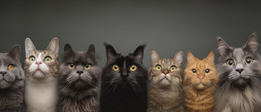 A group of various cat breeds looking up