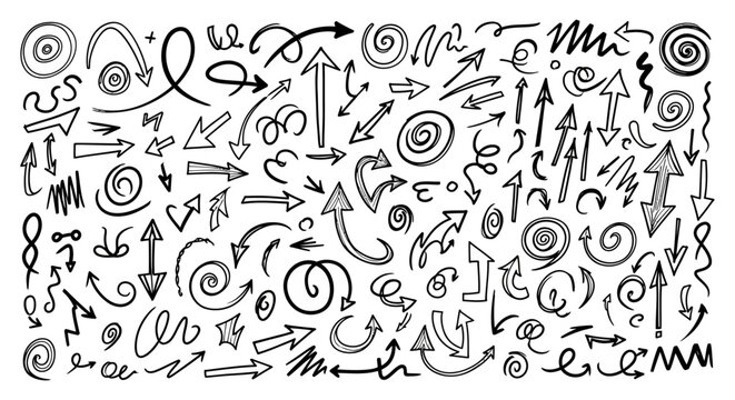 hand drawn doodle arrows and abstract spirals collection illustrating diverse directions movement and choices ideal for graphic design navigation and conceptual content.
