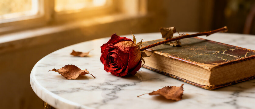 Single withered red rose lying on an old vintage book on a marble table with warm sunlight.