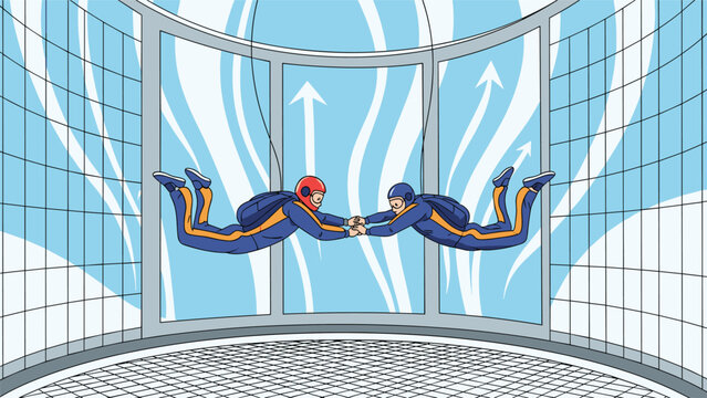 Two skydivers holding hands while floating inside an indoor skydiving wind tunnel facility for sport and recreation.