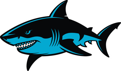 Obraz premium Aggressive Great White Shark Illustration with Bold Blue and Black Design Isolated on White Background Vector Artwork