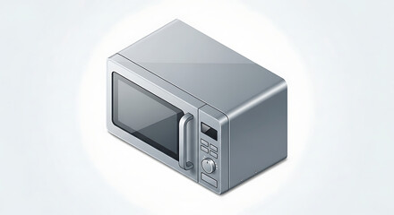 A silver microwave oven on a white surface shown in a slightly elevated isometric perspective view ai generated