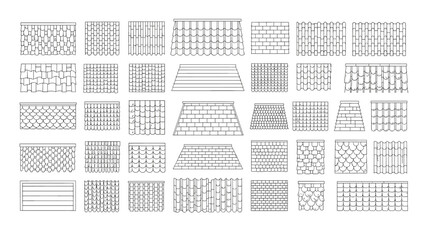 Comprehensive collection of architectural roof types and shingle texture patterns in a technical line art style. © The