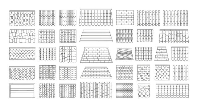 Comprehensive collection of architectural roof types and shingle texture patterns in a technical line art style.
