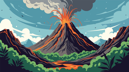 Powerful volcanic eruption with flowing lava and thick smoke plumes in a scenic mountain landscape under blue sky.