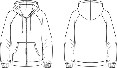 Zip Up Hoodie Technical Mockup for Men, Front and Back View Hooded Sweatshirt Flat Sketch, Apparel Design Template Vector Illustration, © Raihan