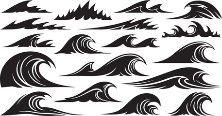 Fototapeta premium Collection of black wave silhouettes on white background illustration