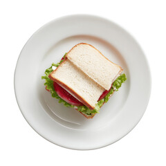 Top-down view of a simple white bread sandwich with lettuce and tomato on a round white plate