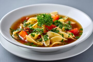 Bowl of delicious fresh vegetable noodle soup