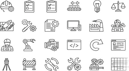 Fototapeta premium Set of twenty four outline engineering icons featuring construction robotics manufacturing and maintenance symbols for industrial and technical design projects.