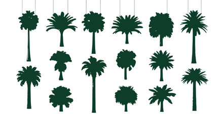 Fototapeta premium isolated dark green tropical tree and palm tree silhouettes set ideal for nature travel and environmental graphic designs.