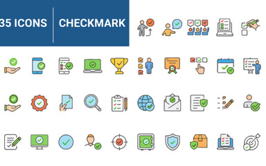 Collection of Business Icons Featuring Checkmarks and Various Corporate Symbols on a Clean Background