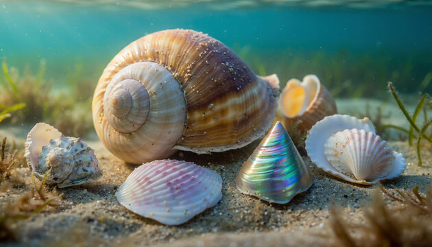 A spiral conch seashell rests on the white sand of a tropical beach shore near the ocean water during a summer vacation
