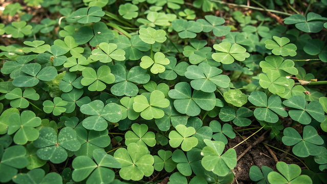 Overhead close-up of vibrant green clover leaves covering forest ground in natural sunlight