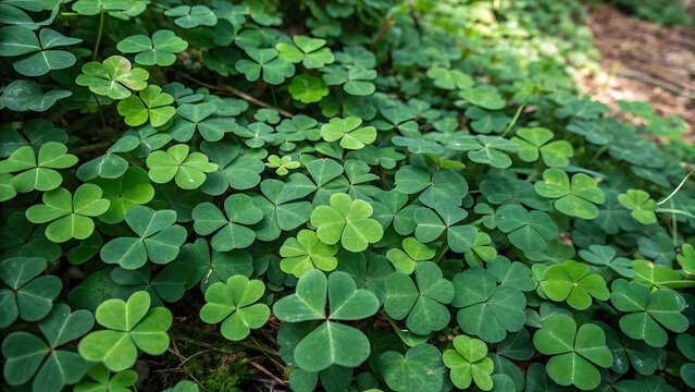 Lush green clover leaves covering ground in natural sunlight outdoor close-up texture background