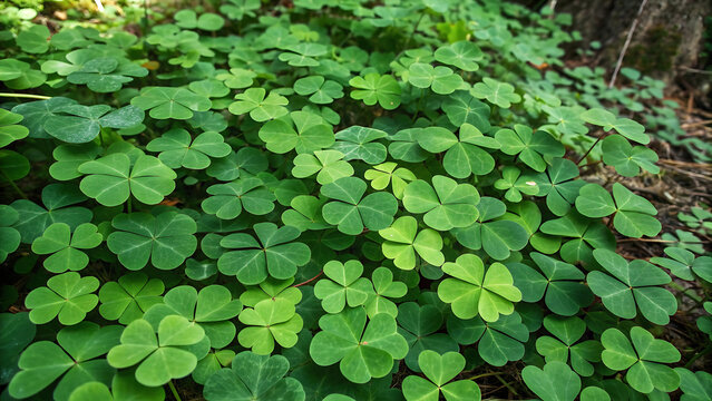 Fresh green clover leaves covering forest ground in natural sunlight with dew drops overhead view