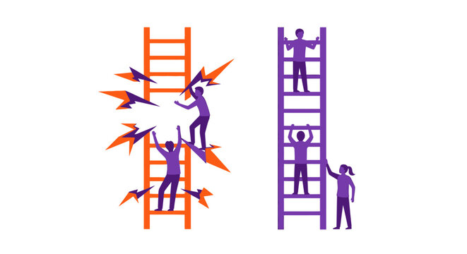 Systemic Inequality and Struggle: People face severe obstacles on one ladder while others easily climb to success and higher advantage.