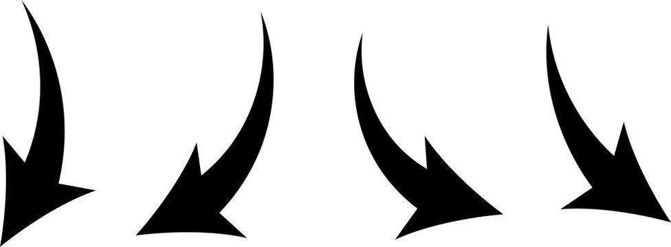 Four black abstract curved arrows pointing downwards direction symbol collection set